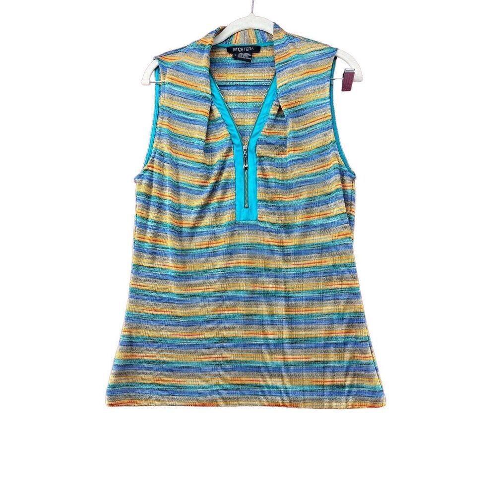 Etcetera Sleeveless Top Striped Knit Zip‎ Up Collared Shirt Blue Orange L